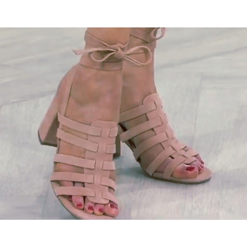MARC FISHER "Pheobe" Pink Blush Suede Strappy Ankle Wrap Sandal Block Heel SZ 10